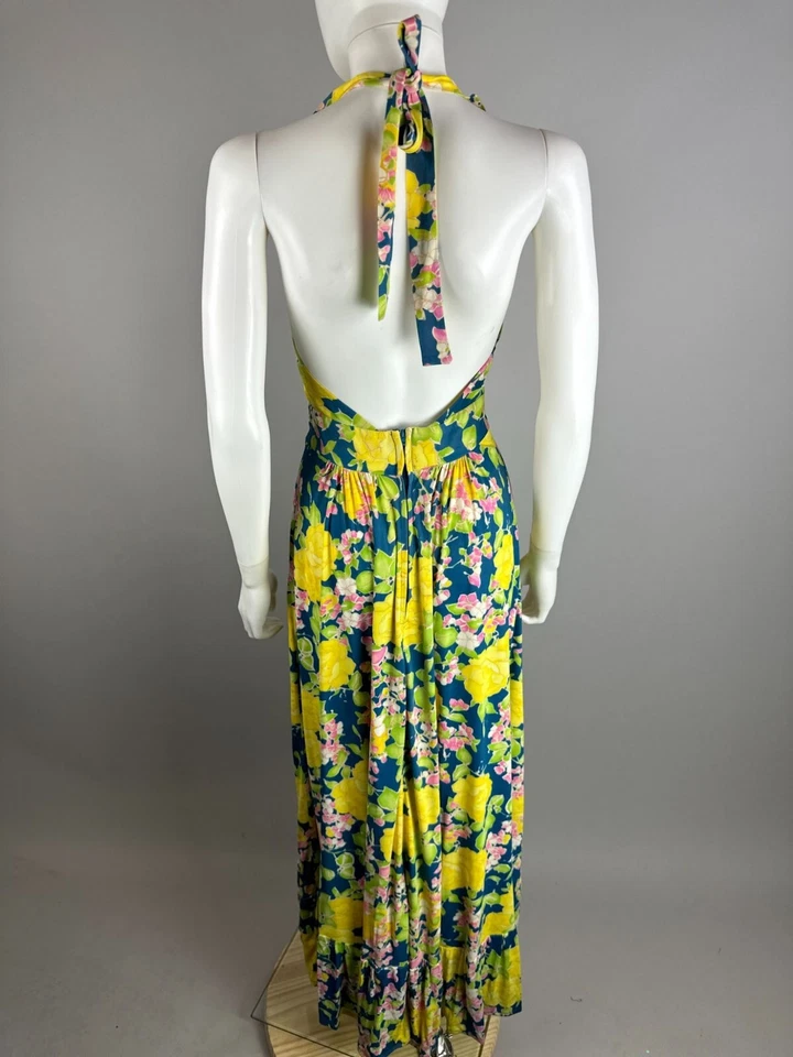 Maxi Vestido Halter Floral Hippie Brillante Azul Amarillo Años 70 De Colección Volantes Mujer Talla XS Foto 3 de 4