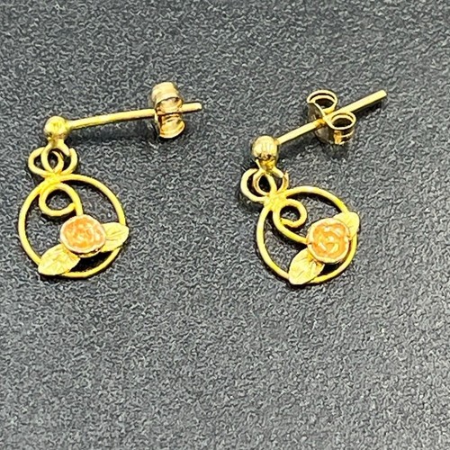 Black Hills Gold RGC 14K Vintage Marked Rose Flower Dangle Petite Earrings