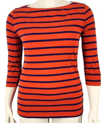 Women's Merona Orange Navy Blue Striped Boat Neck Shirt Size Large Soft 3/4 Slee