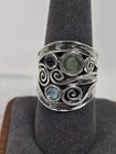 Israel 925 Sterling Silver Scroll 8.75 Roman Glass Amethyst Blue Topaz Ring