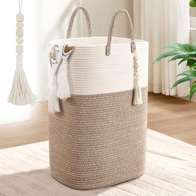 65L Woven Laundry Basket for Clothes, Large Rectangle Laundry Hampers with Beads