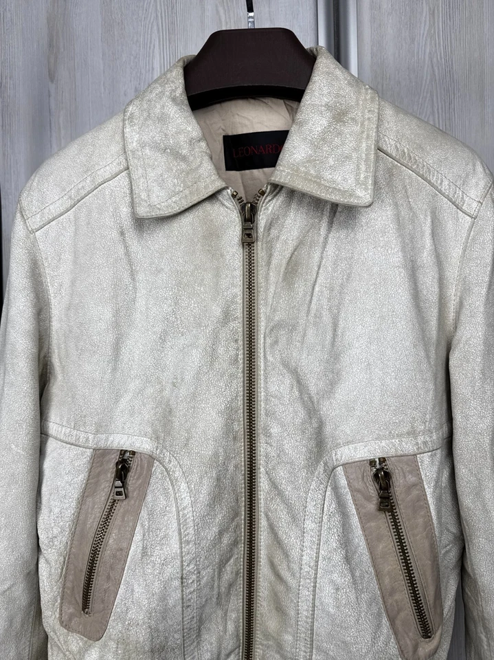 Leonardo White faded leather biker jacket vintage size 50 - Image 3 of 4