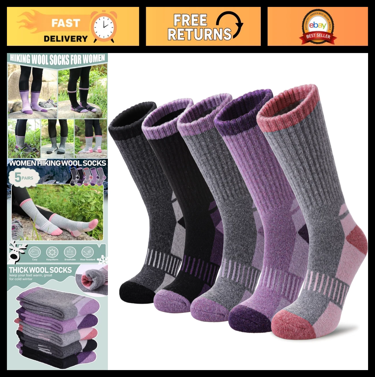 Thermal Merino Wool Hiking Socks for Women - Cozy Thick Winter Boot Crew, 5 Pair