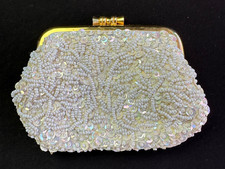 Vintage Hong Kong Iridescent White Beaded Change Purse Coin Pouch Bag 5x3.5 Glam