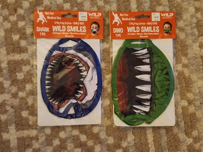 (2) WILD REPUBLIC WILD SMILES CHILD SZ COTTON FACE MASK ( NEW ) DINO, SHARK