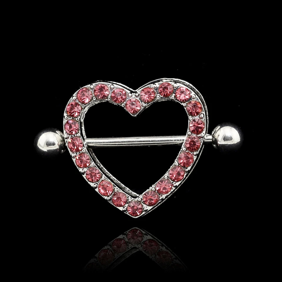 Pair Steel Multi Crystal 2-Layer Love Heart Nipple Shield Bar Ring Body Piercing Foto 3 de 4