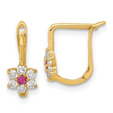 Real 14K Yellow Gold Polished Red and White CZ Flower Hoop Earrings