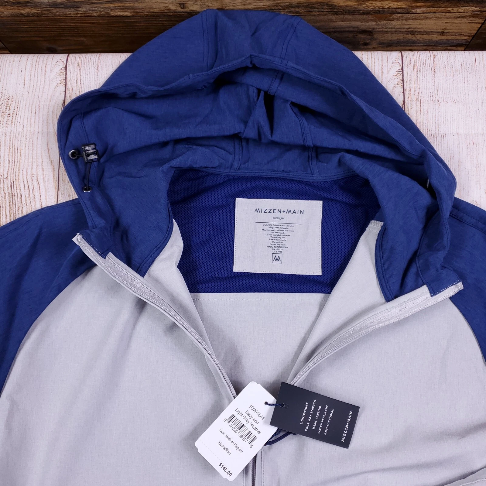 Mizzen+Main Men's Hydrashift Packable Jacket Hooded Navy Light Grey M $148