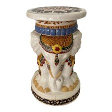 Vintage Large 3 Elephants Garden Stool Glazed Ceramic Pottery Table Seat Statue