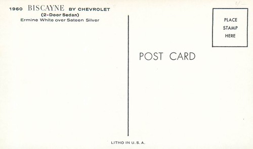 ANTIQUE AUTO, 1960 CHEVROLET BISCAYNE 2 DOOR SEDAN, VINTAGE POSTCARD (F236) - Picture 2 of 2