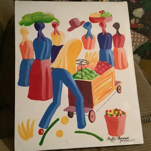 Headley ThompsonJamaican Artist, 1993 “Man with Fruit Cart, Oil Canvas