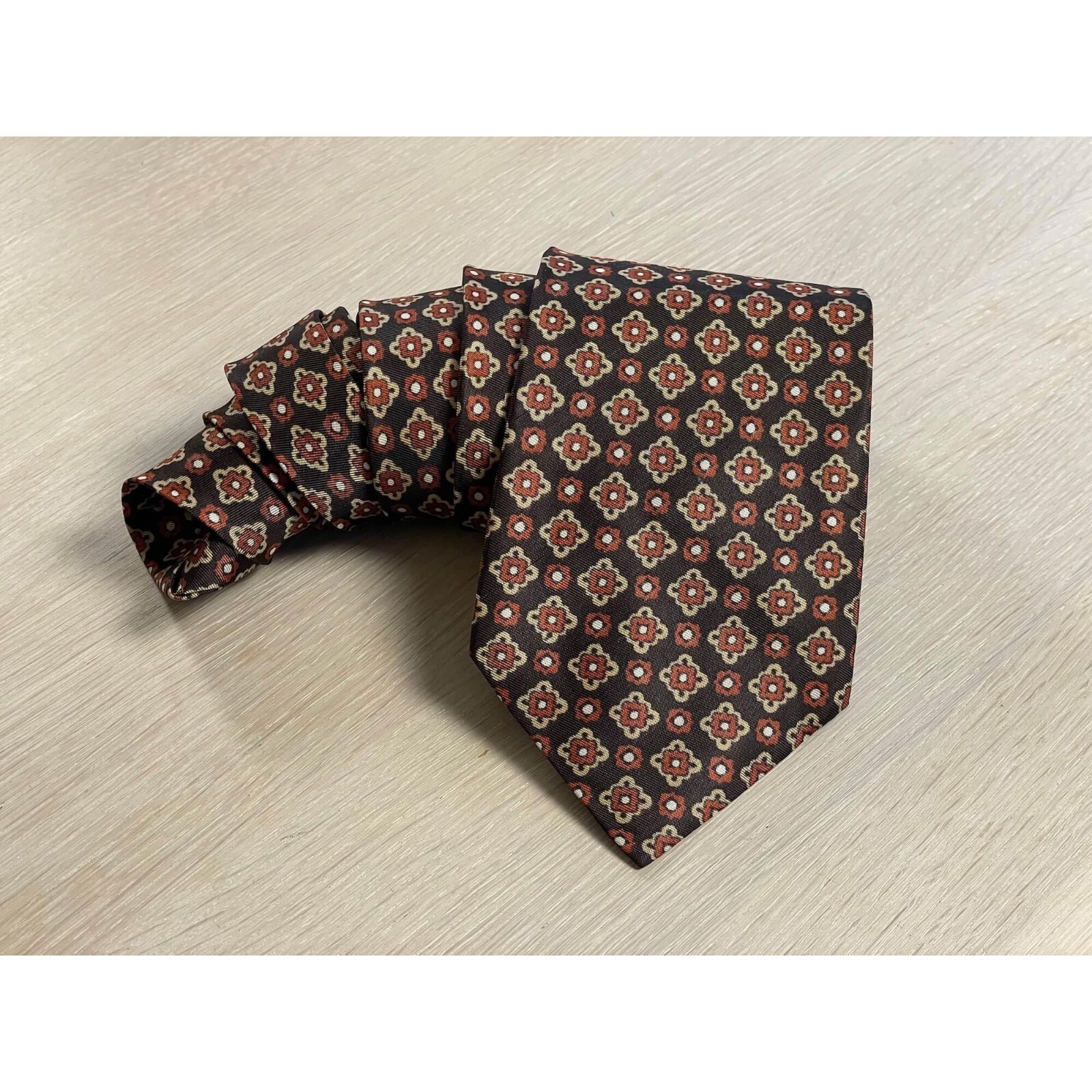 Corbata vintage años 70 SAM Italia, corbata hecha a mano con estampado marrón...