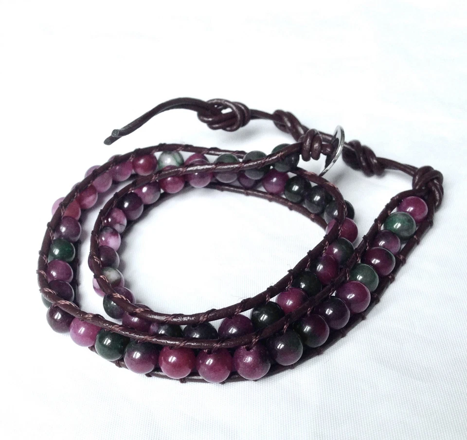 Pulsera de Ágata Natural Rojiza Genuina Marrón Cuero Real 2 Envolturas Boho Hecha a Mano Foto 3 de 3