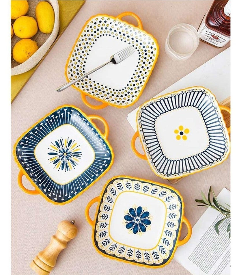 Kalia 9-Inch Bohemian Ceramic Double-Handled Square Plate