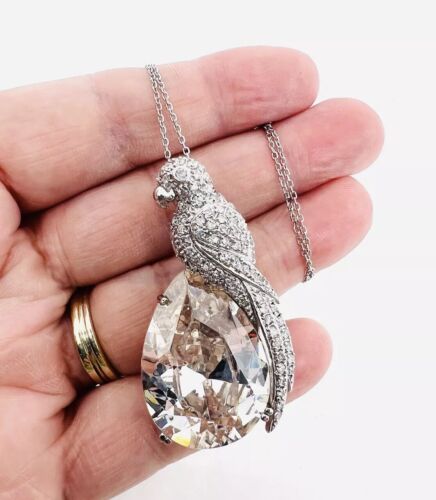 Large Sterling Silver Bird of Paradise Faceted Clear Crystal Necklace 24g
