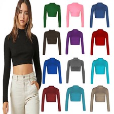 Ladies Turtle Polo Neck Long Sleeve Crop Top T-shirt Tops Womens Top 8-14