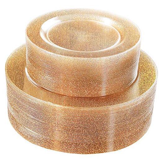 120PCS Gold Plastic Plates- Disposable Gold Glitter Gold Glitter - 120PCS