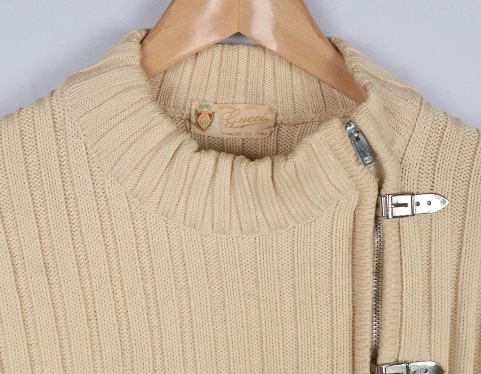 Suéter De Colección Años 70 GUCCI 100% Lana Crema Cremallera M/L Jersey 1973 Primavera Documentado Foto 3 de 4