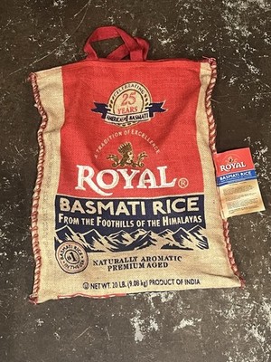 empty Royal Basmati 20lbs Burlap 25th Anniversary Rice Bag w Handles & Zipper.