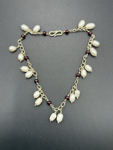 9" Vintage Sterling Silver Pearl Garnet Anklet Bracelet 10 Grams B11
