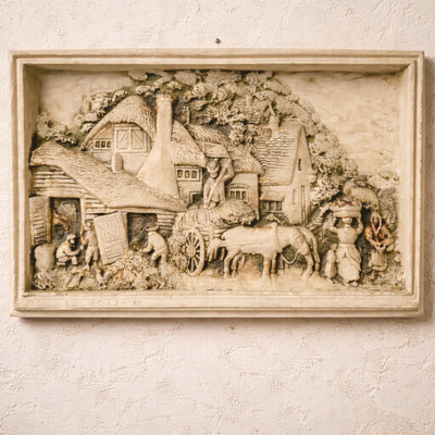 Vintage MCM Chalkware English Village Farm Life 3D Kitsch Kitschy Wall Art 70's