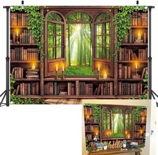 Retro Library Wooden Bookshelf Backdrop Vintage Window Green Forest Photograp...
