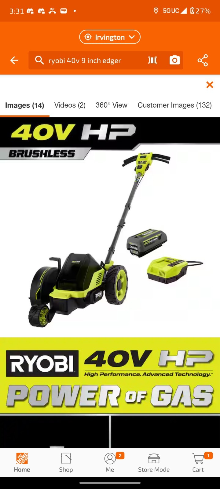 RYOBI 40V HP Brushless 9 in. Cordless Edger with 4.0 Ah Battery and Charger