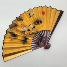 Vintage Japanese Large Folding Fan Sensu Wall Decor Crane Wood Gold 40cm