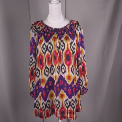 Chicos Top Womens 3 XL Boho Peasant Ikat Print Purple Multicolor Popover Tunic