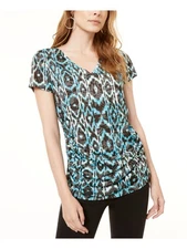 INC Womens Blue Printed Short Sleeve V Neck T-Shirt M