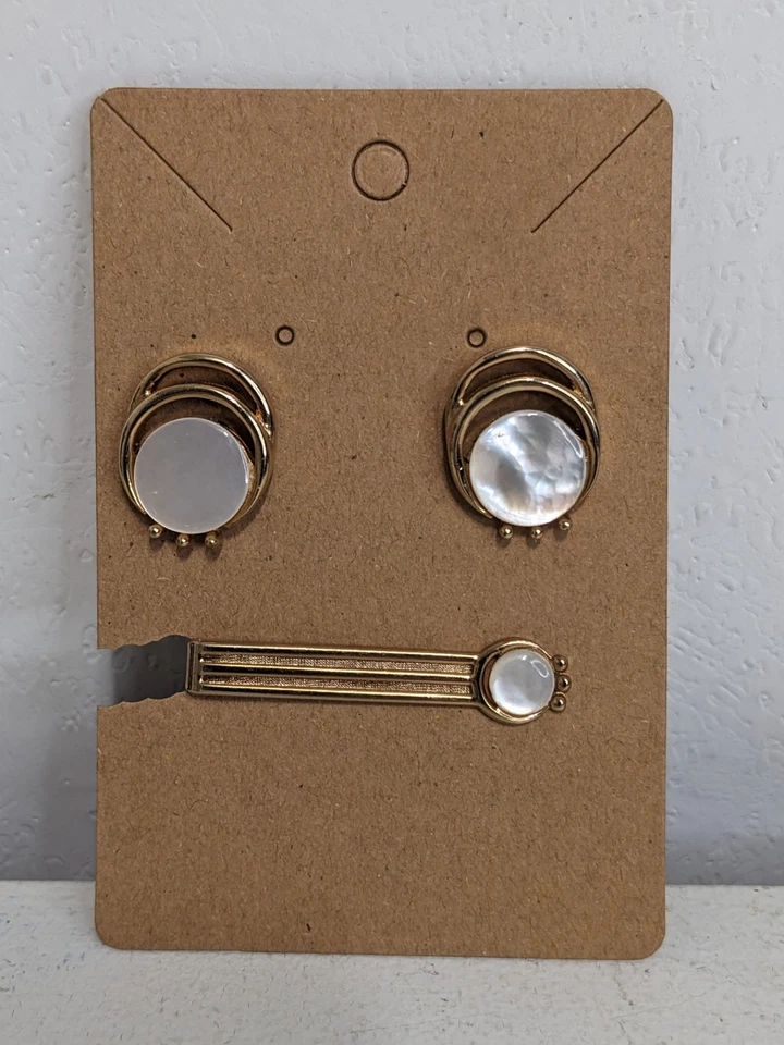 Juego de gemelos y clip de corbata de madreperla blanco cisne de latón vintage para hombre Foto 4 de 4