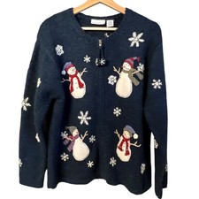 Vintage Croft Barrow Snowman Zip Cardigan Sweater Size M Christmas Holiday