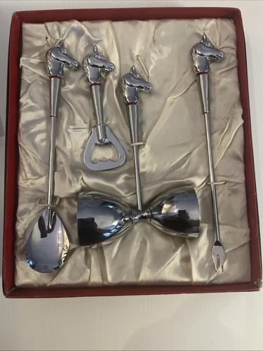 Vintage Horse Equestrian Cocktail Set 4 Barware Tools Jigger Spoon Japan RARE