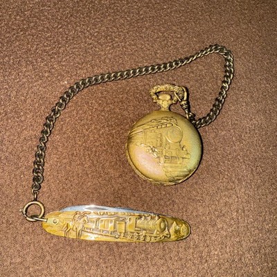 Vintage BELLE SUISSE Pocket Watch & Pocket Knife TRAIN Embossed Case