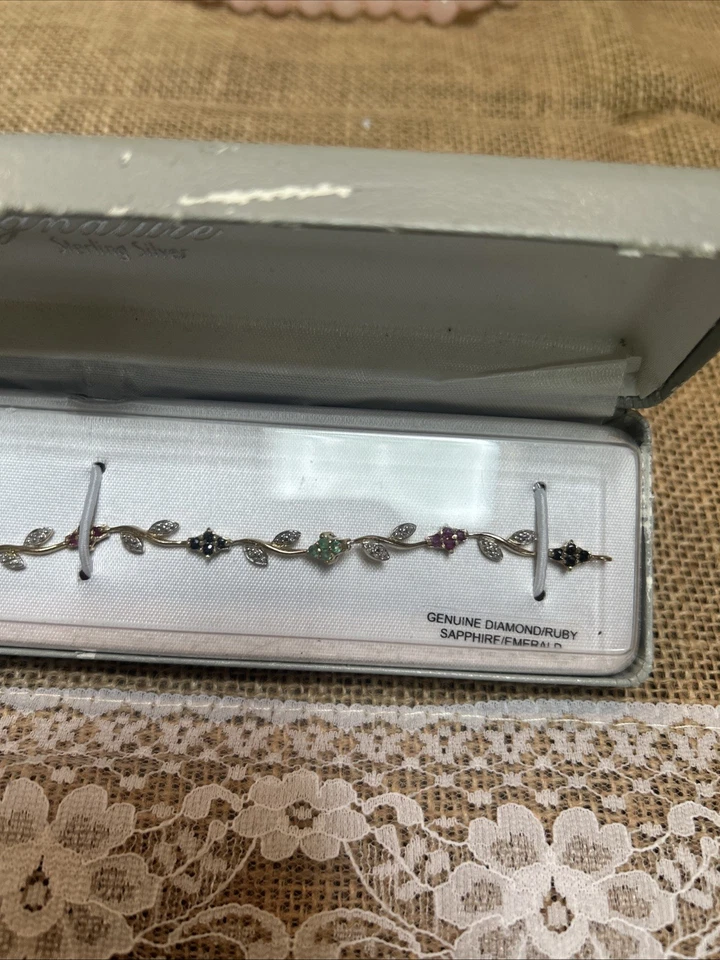 Gold Over Sterling Silver Genuine Stone, Diamond Ruby Emerald Sapphire Bracelet - Image 3 of 4