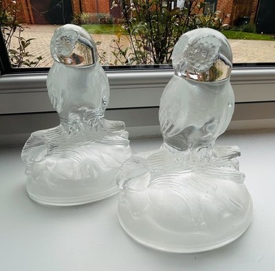 2 identische Cristal d' Arques Durand Kristall Eule auf Ast Figur Frankreich 5,5''