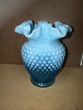 Medium Fenton Blue Opalescent Hobnail Round Vase W/ Ruffled Edge Mint