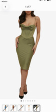 HOUSE OF CB Green Satin Bodycon Corset Sweetheart Midi Dress Size M