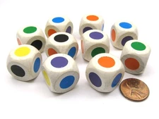 Pack of 10 Single Spot 18mm Wooden Dice - Purple Blue Orange Green Yellow Black