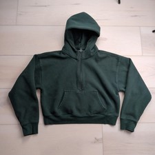 Aritzia TNA Cozy Fleece Boyfriend Cropped 1/4 Zip Hoodie Womens M Forest Green