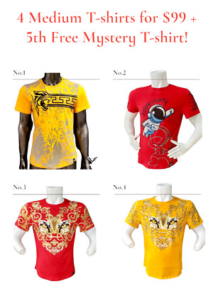4 New Mens Medium Size Red Yellow Rhinestone T-Shirts + 1 Free Mystery T-shirt
