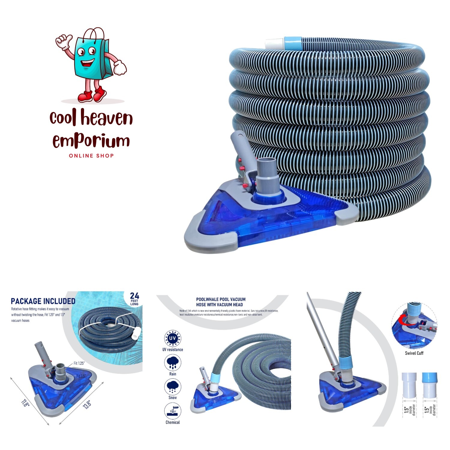 Durable 1-1/2" x 24ft Pool Vacuum with Weighted Head for Immaculate Cleaning
