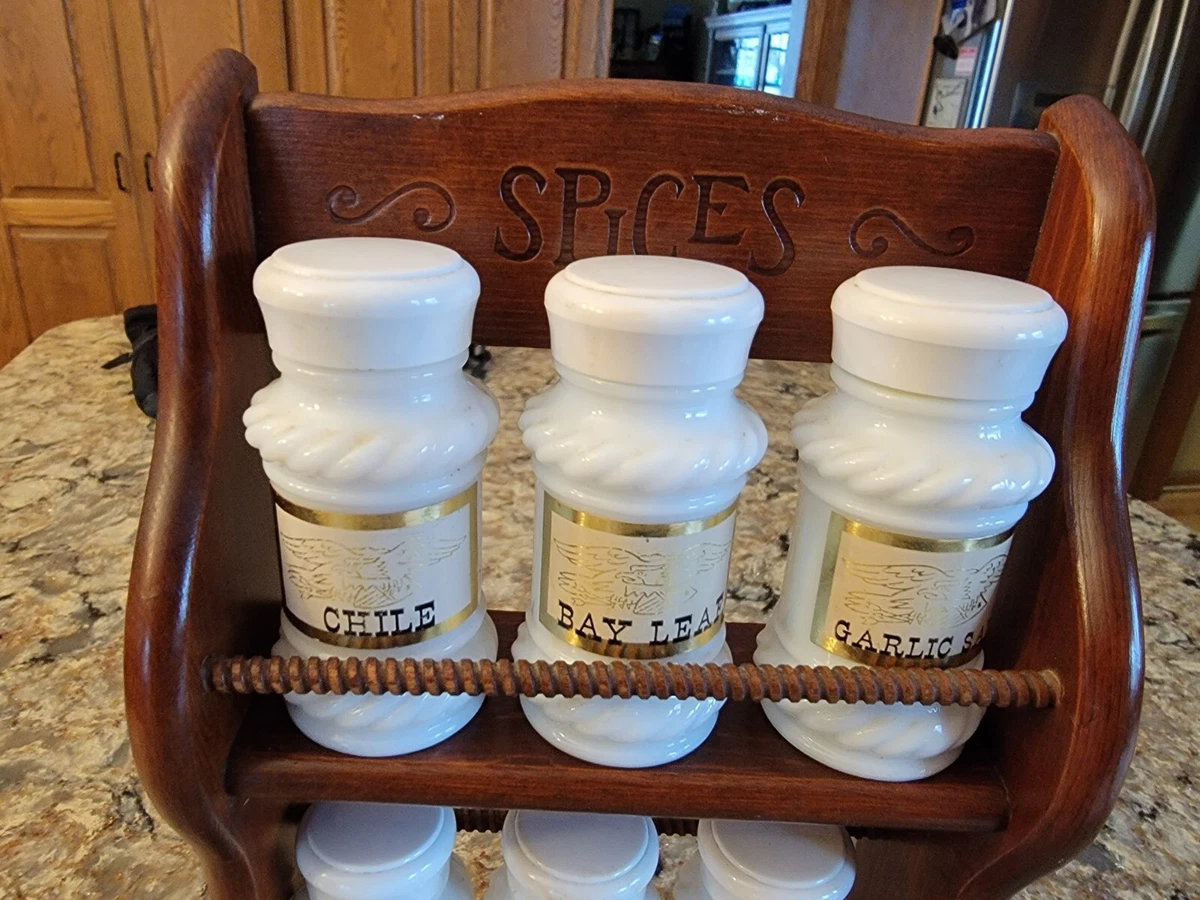 Vintage Wooden 2-Tier Spice Rack With 6 Milk Glass Spice Jars 10 1/2 H x  7 W