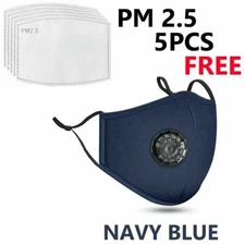 [5 PCS] 100% Cotton Valve Navy Face Mask with 5 FREE Filters Washable Reusable 