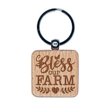 Bless Our Farm Engraved Wood Square Keychain Tag Charm