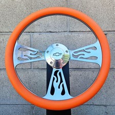 14 Billet Flame Steering Wheel With Orange Vinyl Wrap And Chevy Horn Button