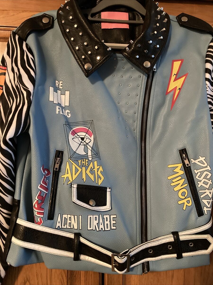 Azaela Wang Faux Leather Motorcycle Jacket Rivet Graffiti Azaela Wang Faux Leather Motorcycle Jacket Rivet Graffiti