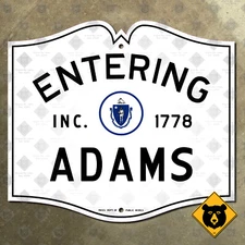 Entering Adams Massachusetts city limit highway marker road sign 1950 18x16