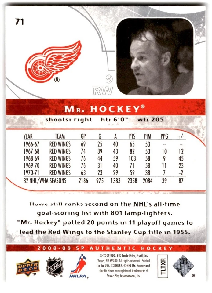 2008-09 SP Authentic Gordie Howe #71 Detroit Red Wings - Image 2 of 2