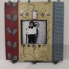 Hand Decorated Painted Wood Square Picture frame for 3" x 3" photo, Beads Charms